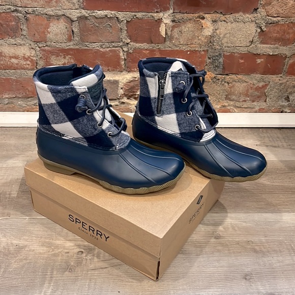 Sperry women’s saltwater Buffalo check duck boot Buffalo plaid wool shaft navy - Picture 7 of 13